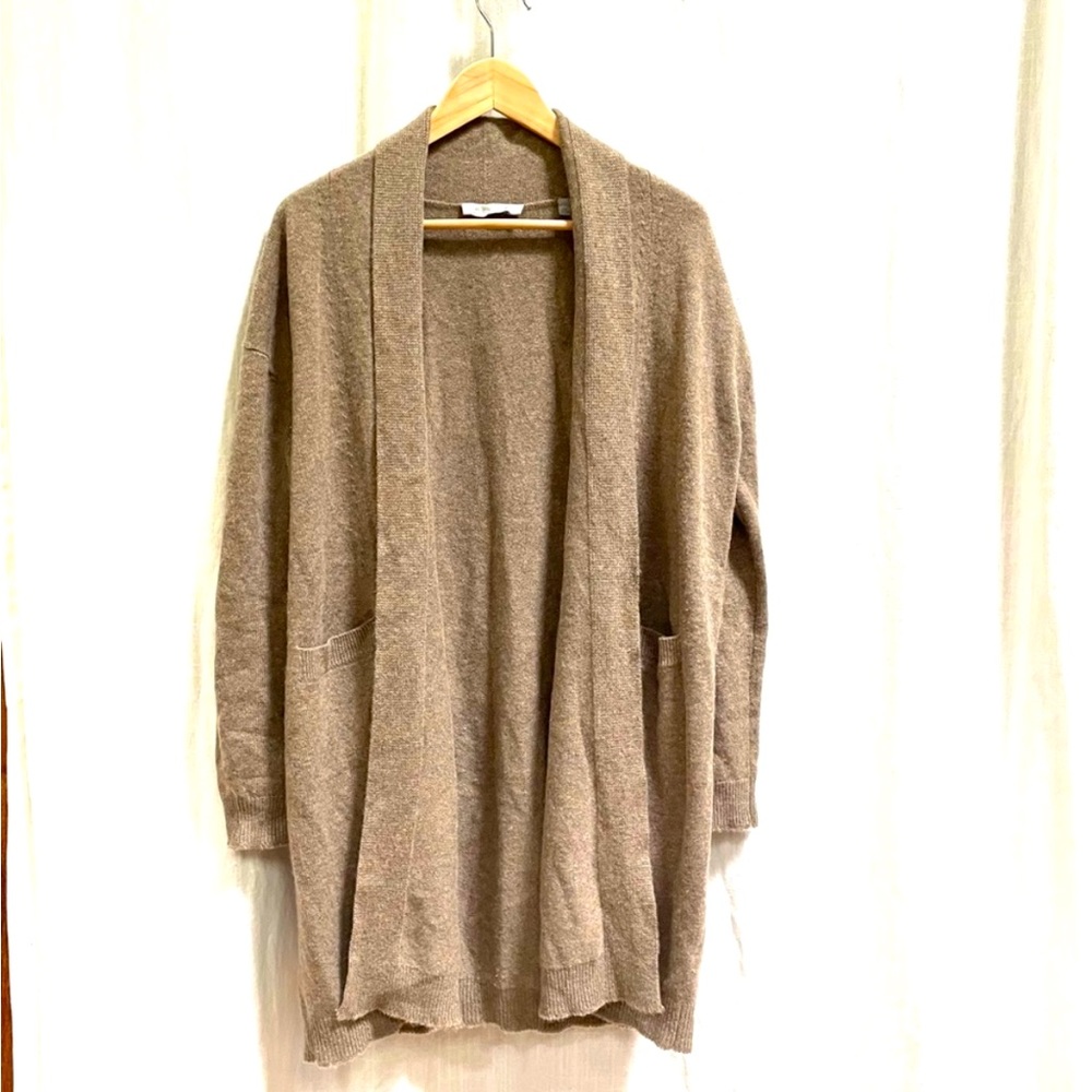 Vince cashmere long open front cardigan in tan